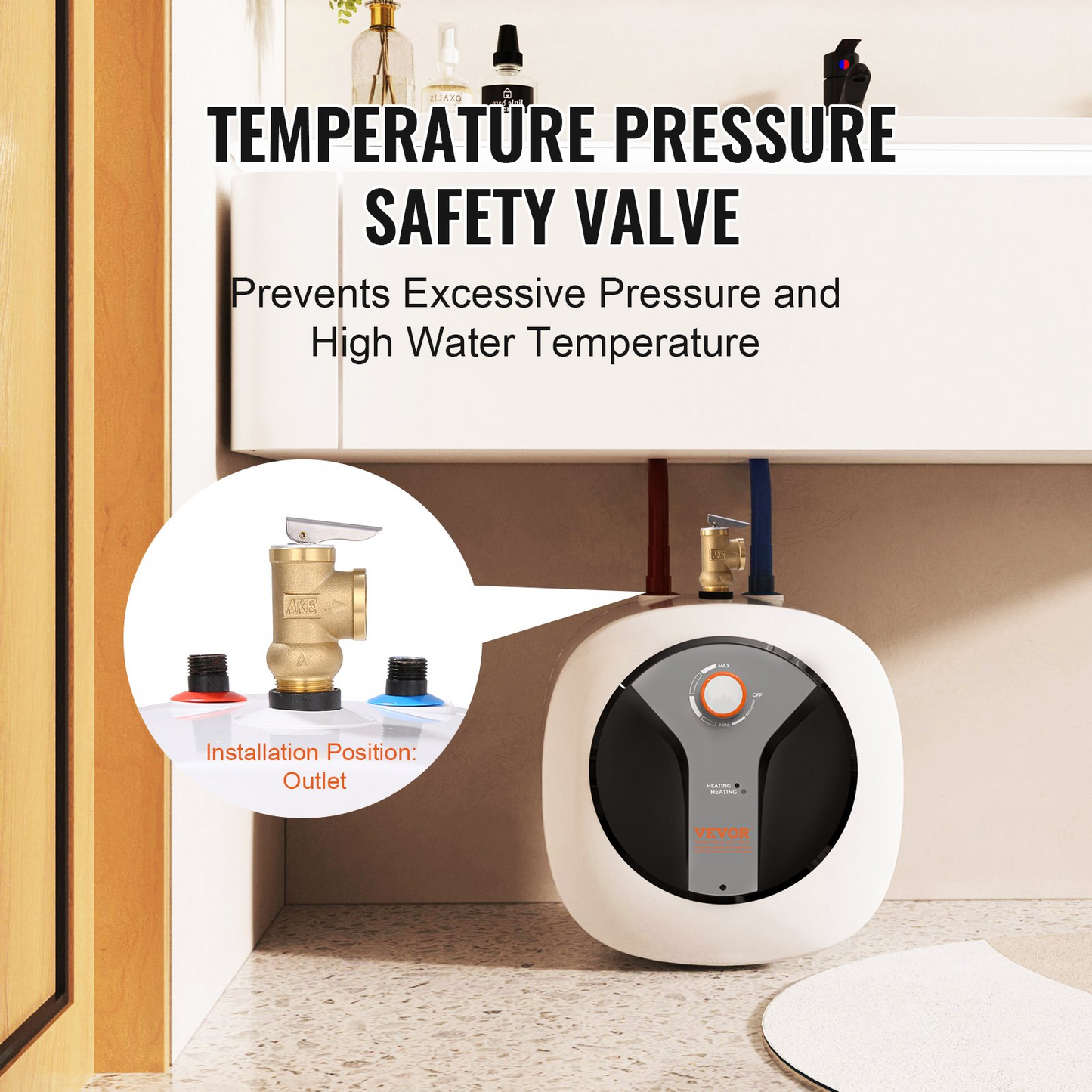 VEVOR Electric Mini-Tank Water Heater 8-Gallon Tank, 1440W Hot Water Boiler Storage, Safety Temperature Pressure Valve Easy Install, for Kichen Bathroom Restaurant, Shelf Wall Floor Mounted