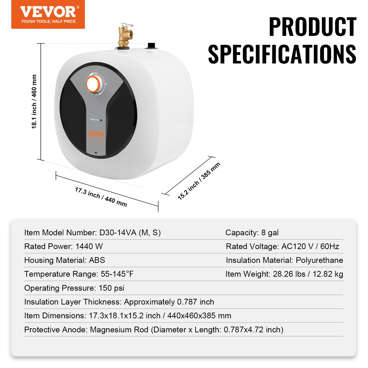 VEVOR Electric Mini-Tank Water Heater 8-Gallon Tank, 1440W Hot Water Boiler Storage, Safety Temperature Pressure Valve Easy Install, for Kichen Bathroom Restaurant, Shelf Wall Floor Mounted