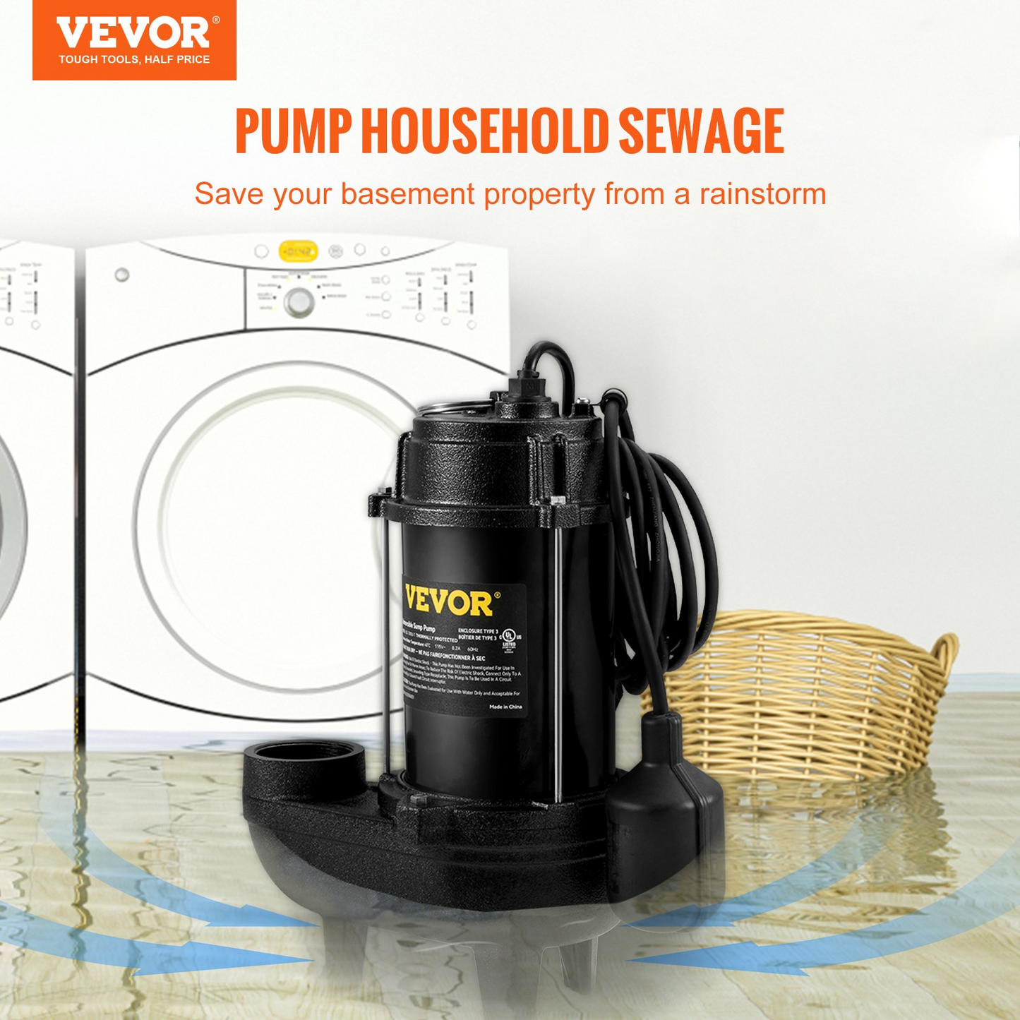 VEVOR Submersible Sewage Pump Water Pump 3/4 HP 5880GPH Cast Iron with Float