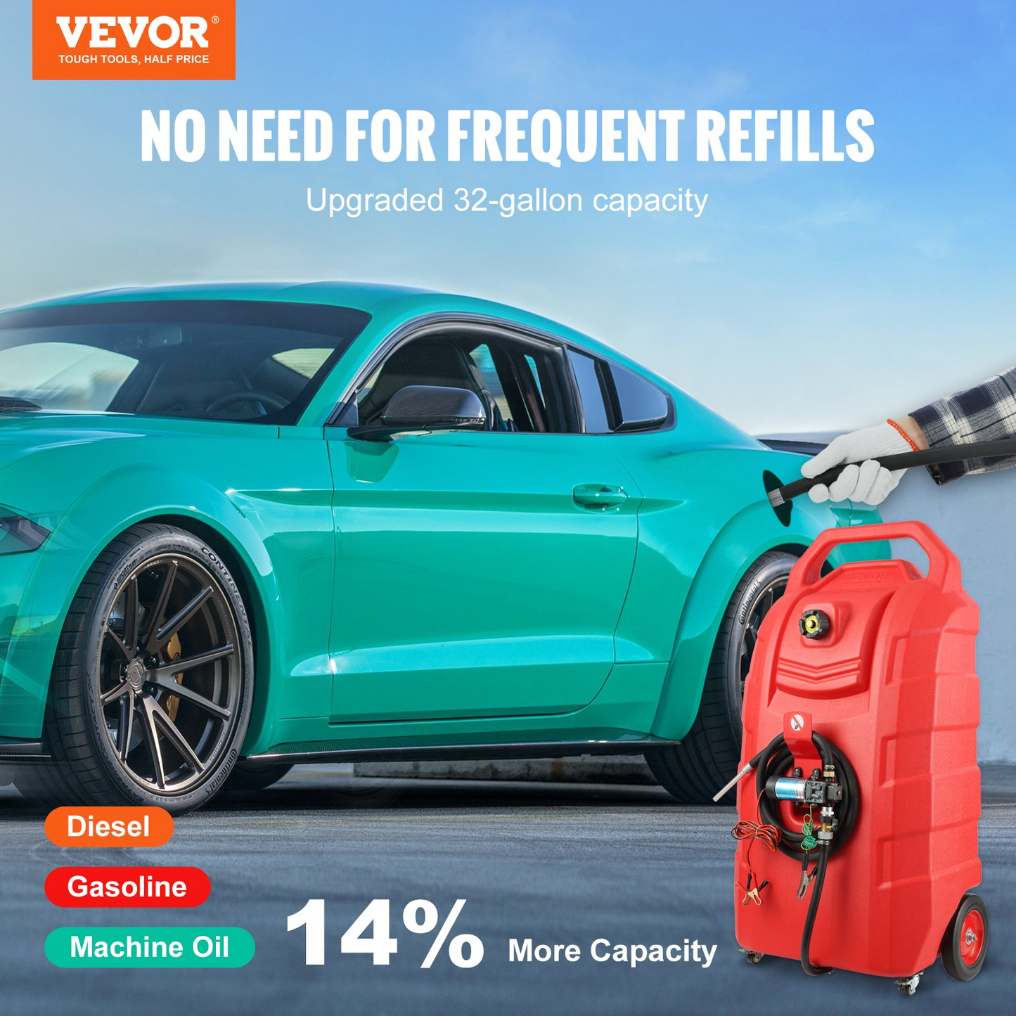 VEVOR Fuel Caddy, 32 Gallon, Portable Fuel Storage Tank On-Wheels with 12V DC Transfer Pump