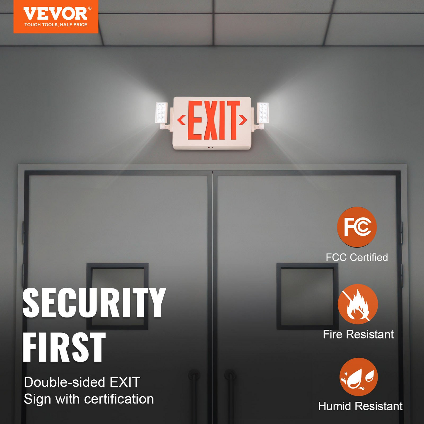 VEVOR LED Exit Sign with Emergency Lights, Two Heads Emergency Exit Light with Battery Backup, Combo Red Letter Fire Exit Lighting, Commercial Exit Signs for Business, White Tested to UL Standards