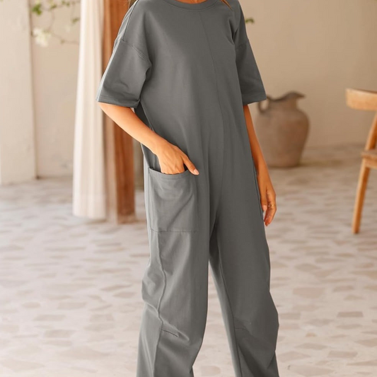 Stylish Women's Stretch V-neck Jumpsuit with Pockets - Chic Japanese & Korean Inspired Design