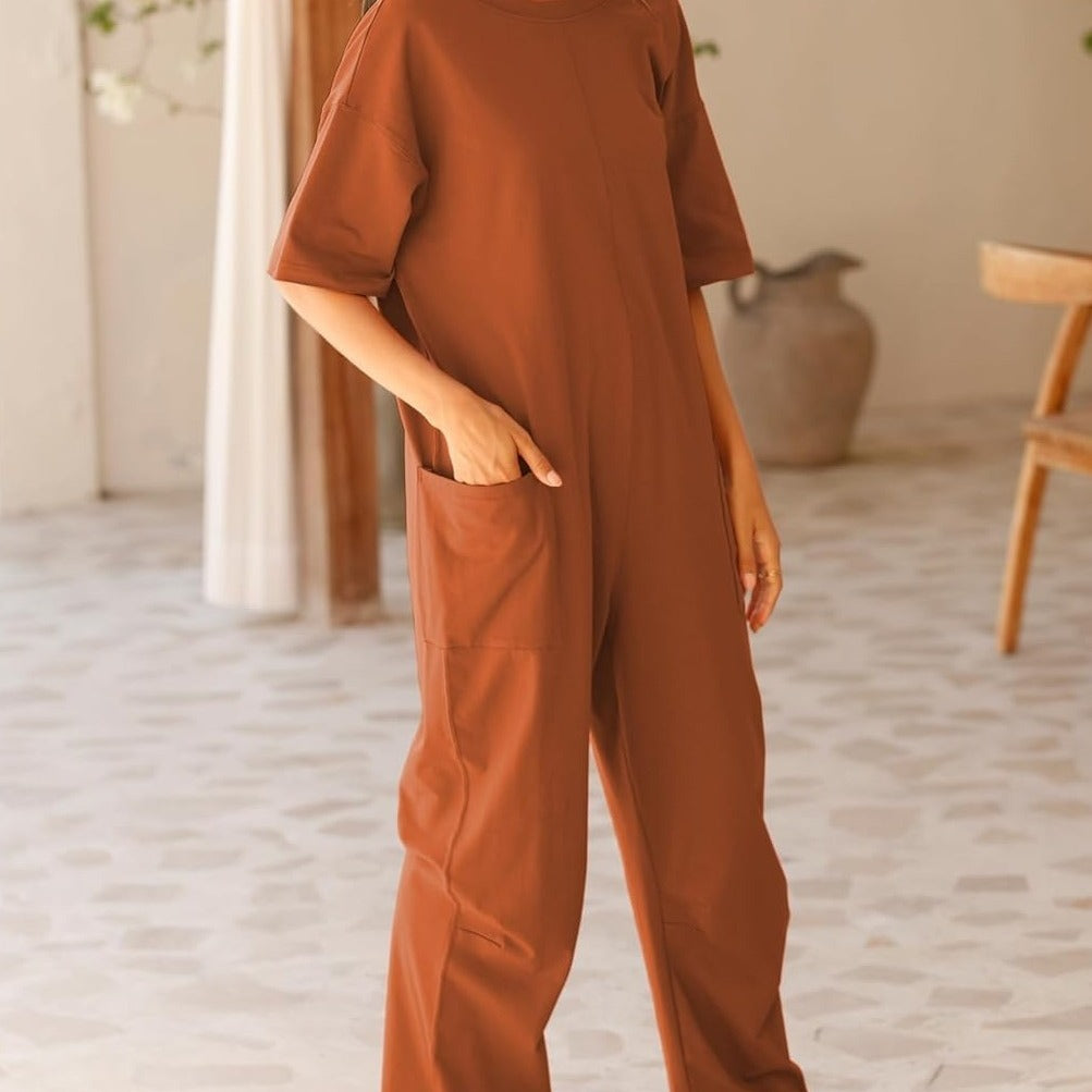 Stylish Women's Stretch V-neck Jumpsuit with Pockets - Chic Japanese & Korean Inspired Design