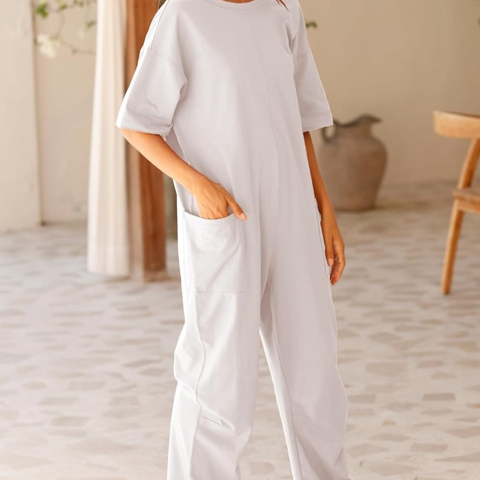 Stylish Women's Stretch V-neck Jumpsuit with Pockets - Chic Japanese & Korean Inspired Design