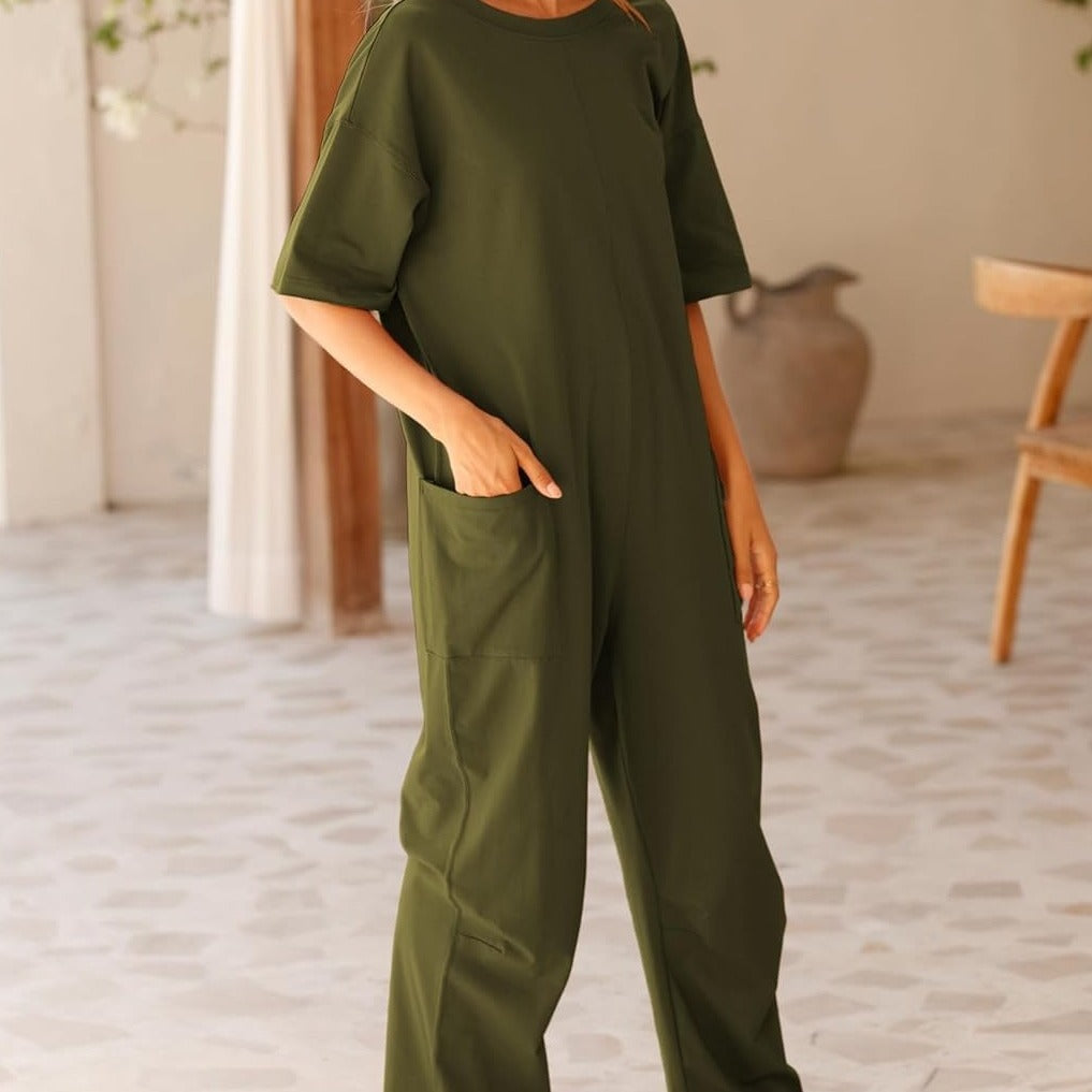 Stylish Women's Stretch V-neck Jumpsuit with Pockets - Chic Japanese & Korean Inspired Design