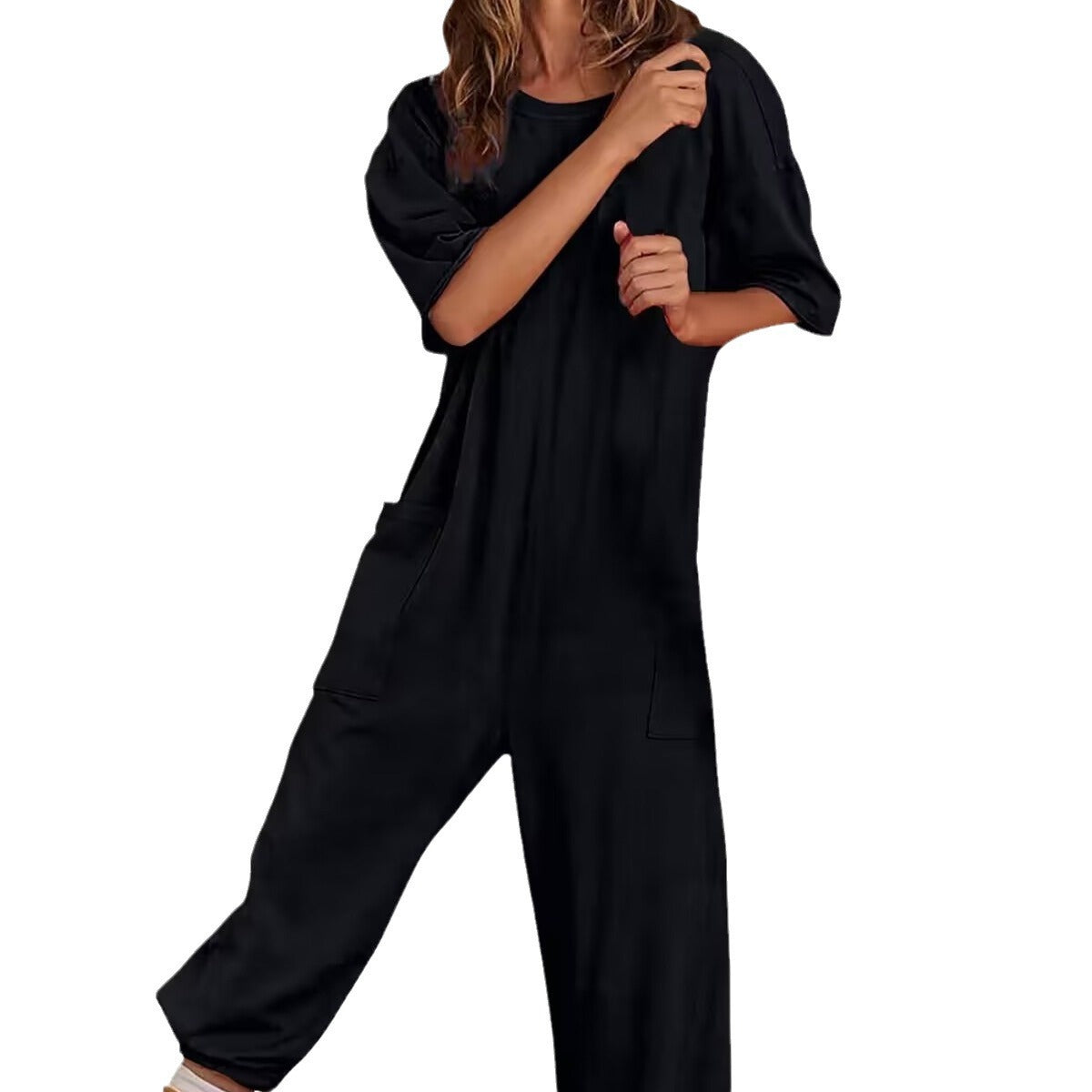 Stylish Women's Stretch V-neck Jumpsuit with Pockets - Chic Japanese & Korean Inspired Design