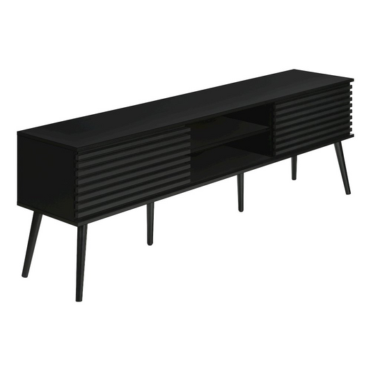 Contemporary Black TV Stand - 72-Inch Media Console with Sliding Doors, Solid Wood Legs, and Cable Management