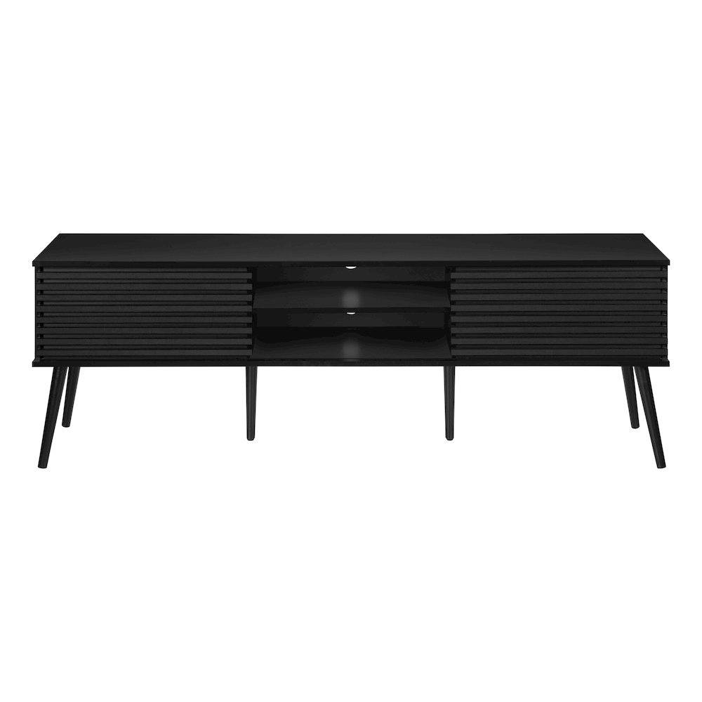 Contemporary Black TV Stand - 72-Inch Media Console with Sliding Doors, Solid Wood Legs, and Cable Management