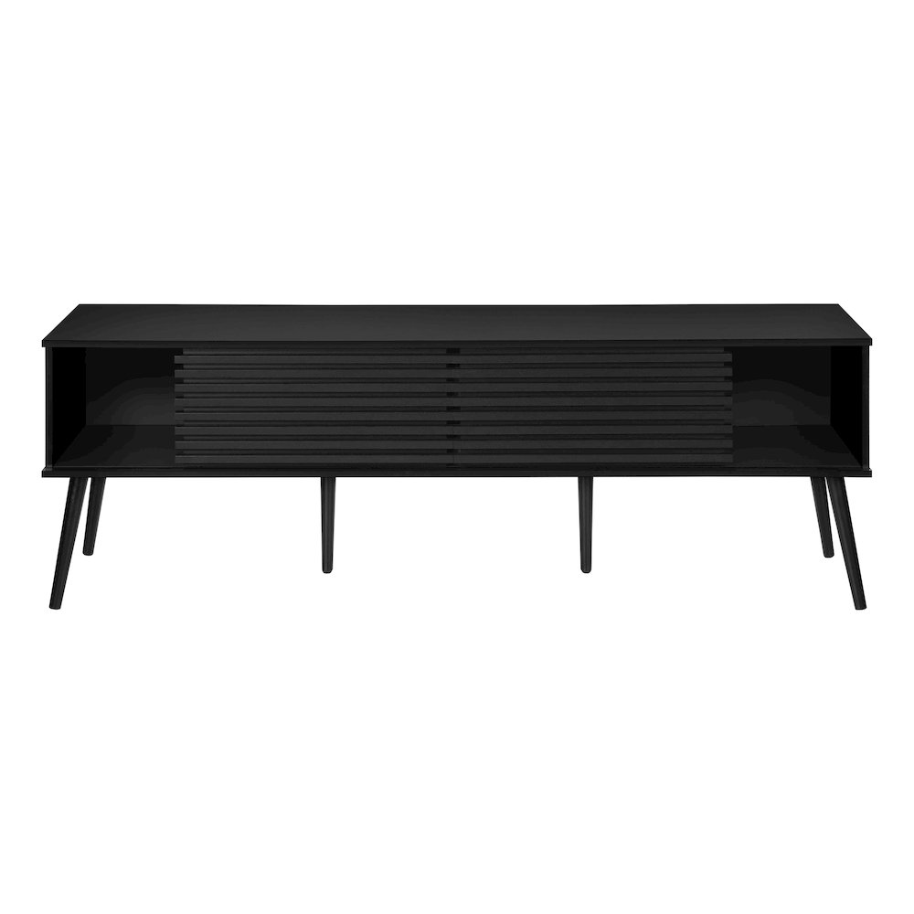 Contemporary Black TV Stand - 72-Inch Media Console with Sliding Doors, Solid Wood Legs, and Cable Management