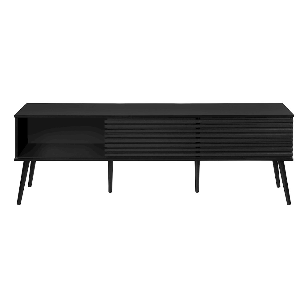 Contemporary Black TV Stand - 72-Inch Media Console with Sliding Doors, Solid Wood Legs, and Cable Management