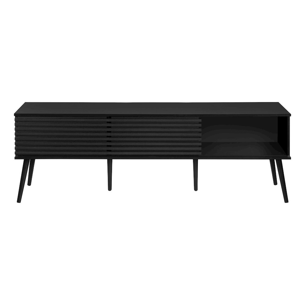 Contemporary Black TV Stand - 72-Inch Media Console with Sliding Doors, Solid Wood Legs, and Cable Management