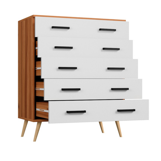 Eli Mid-Century Modern 5 Drawer Chest in Walnut & White - Stylish & Functional Storage Solution