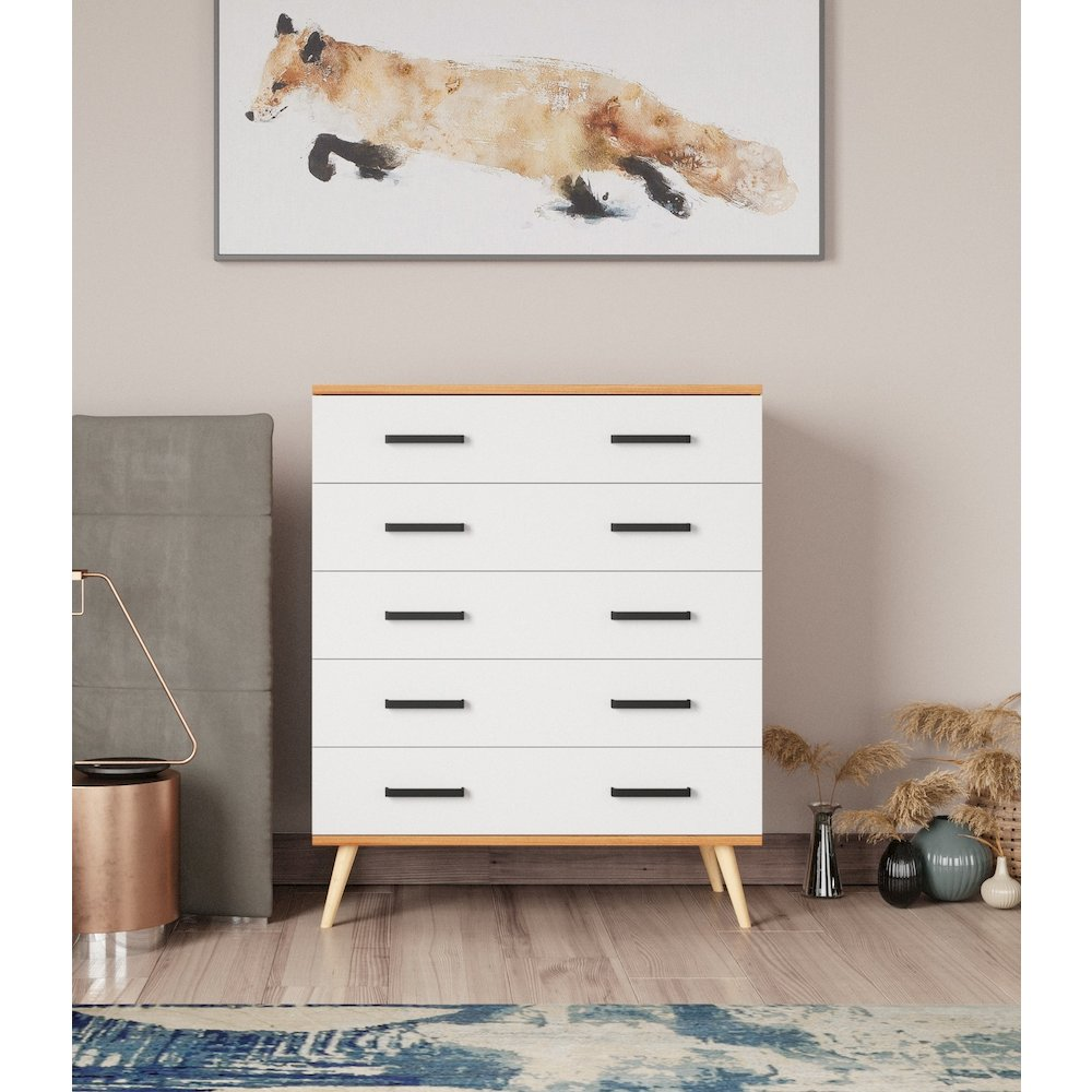 Eli Mid-Century Modern 5 Drawer Chest in Walnut & White - Stylish & Functional Storage Solution