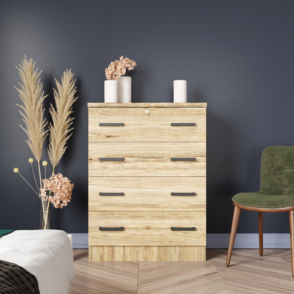 Elegant 4-Drawer Chest in Natural Oak Color - Durable & Easy to Assemble Storage Solution