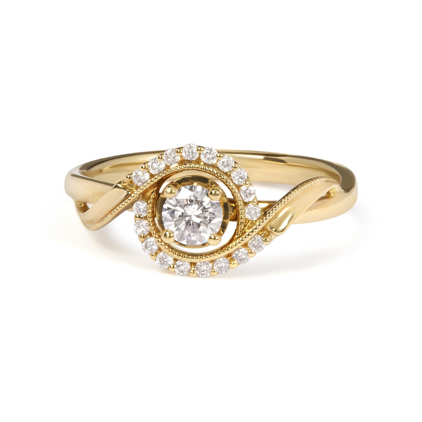 14K Yellow Gold Diamond Solitaire and Halo Swirl Engagement Ring - 1/3 Cttw (G-H Color, VS2-SI1 Clarity) - Size 7