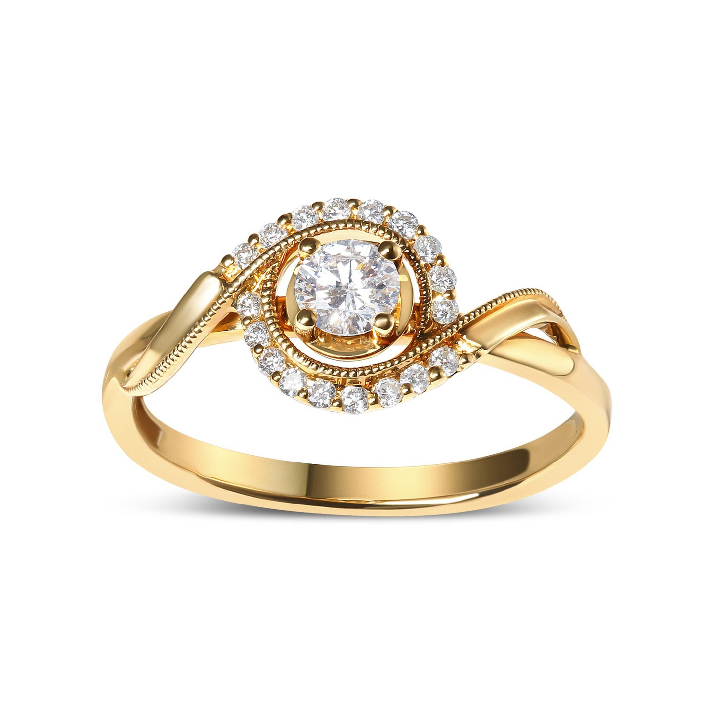 14K Yellow Gold Diamond Solitaire and Halo Swirl Engagement Ring - 1/3 Cttw (G-H Color, VS2-SI1 Clarity) - Size 7