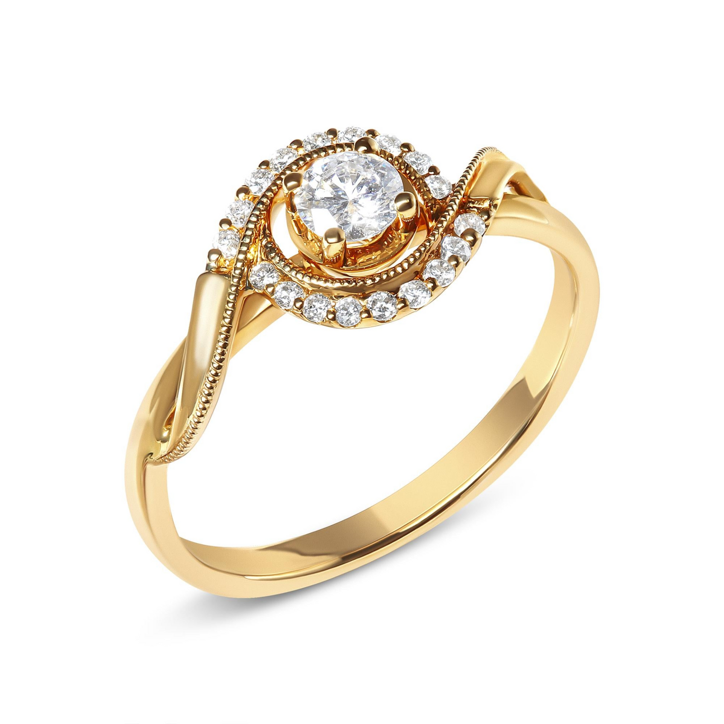 14K Yellow Gold Diamond Solitaire and Halo Swirl Engagement Ring - 1/3 Cttw (G-H Color, VS2-SI1 Clarity) - Size 7