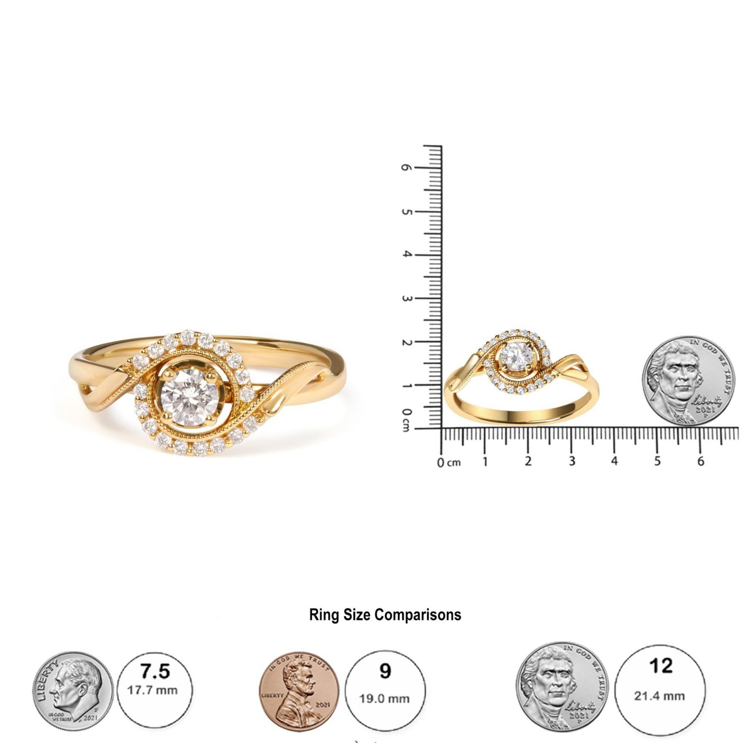 14K Yellow Gold Diamond Solitaire and Halo Swirl Engagement Ring - 1/3 Cttw (G-H Color, VS2-SI1 Clarity) - Size 7