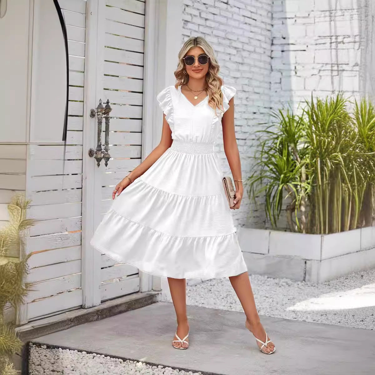 Summer Chic Ruffled V-Neck Dress - Elastic Waist A-Line for Women - fashion finesse accessories