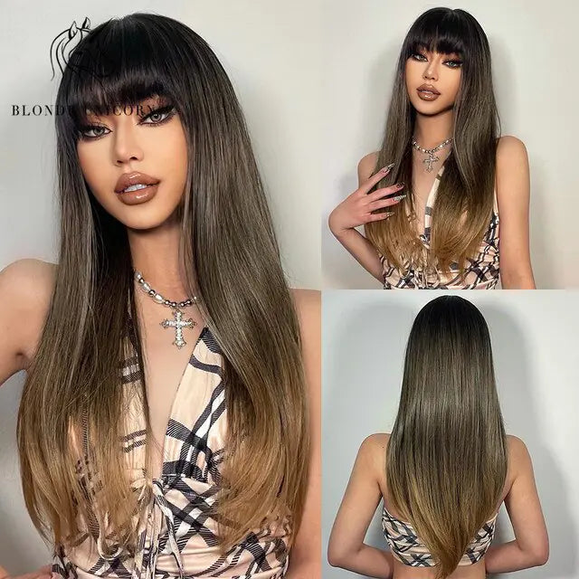 Synthetic Long Brown Wig - fashion finesse accessories