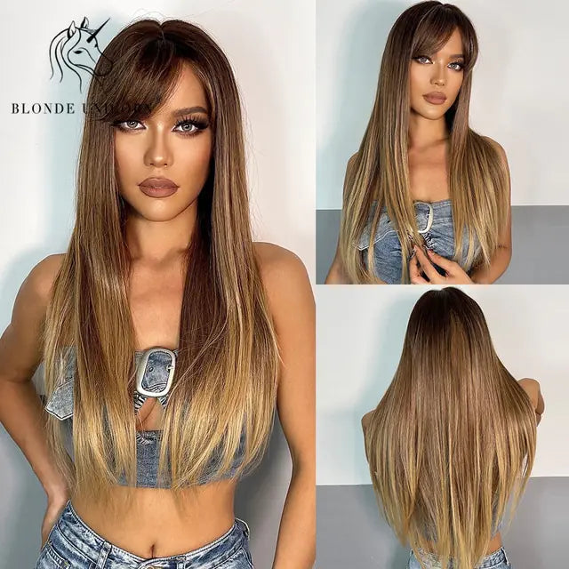 Synthetic Long Brown Wig - fashion finesse accessories