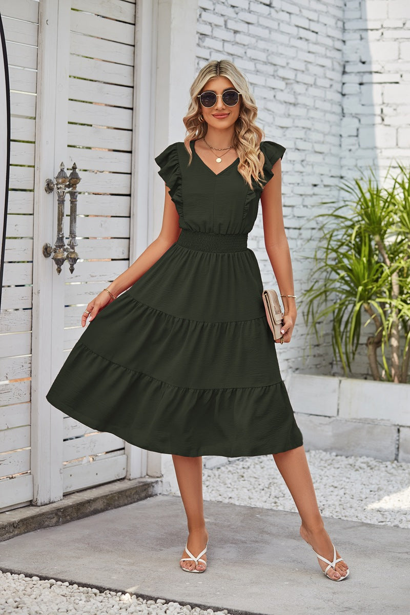 Summer Chic Ruffled V-Neck Dress - Elastic Waist A-Line for Women - fashion finesse accessories