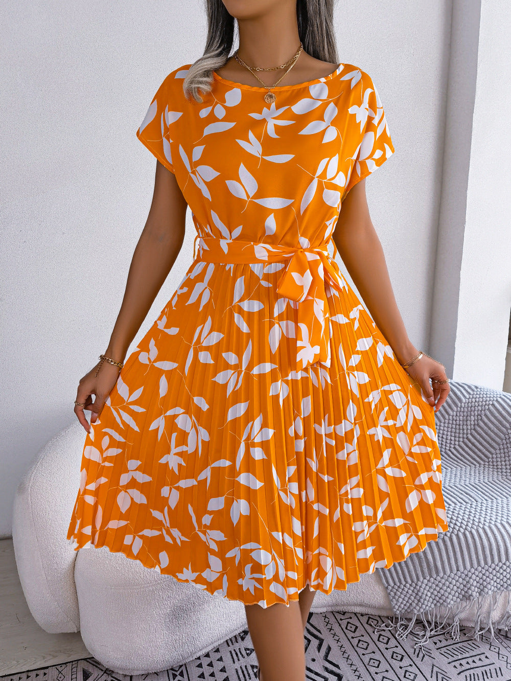 Botanical Breeze Dress: Chic Summer Leaf-Print & Tie-Up Design - fashion finesse accessories