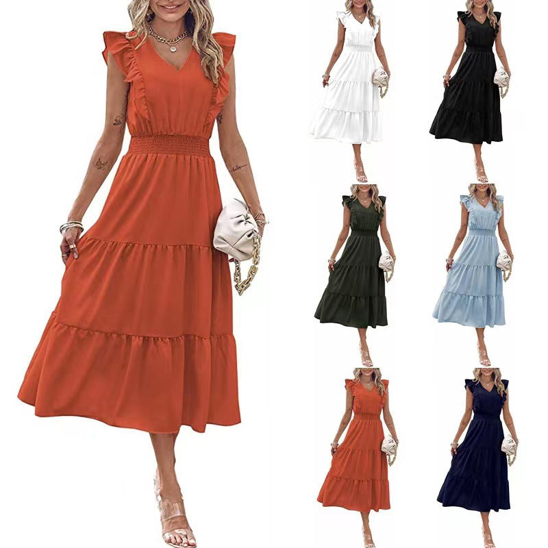 Summer Chic Ruffled V-Neck Dress - Elastic Waist A-Line for Women - fashion finesse accessories